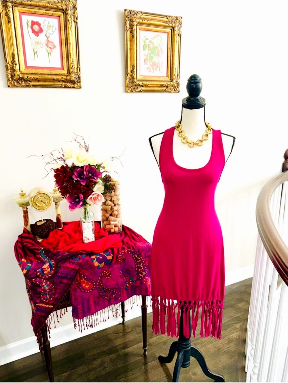 ONE OF A KIND! Striking Sleeveless Magenta Maxi w Beautiful Bottom Fringe!